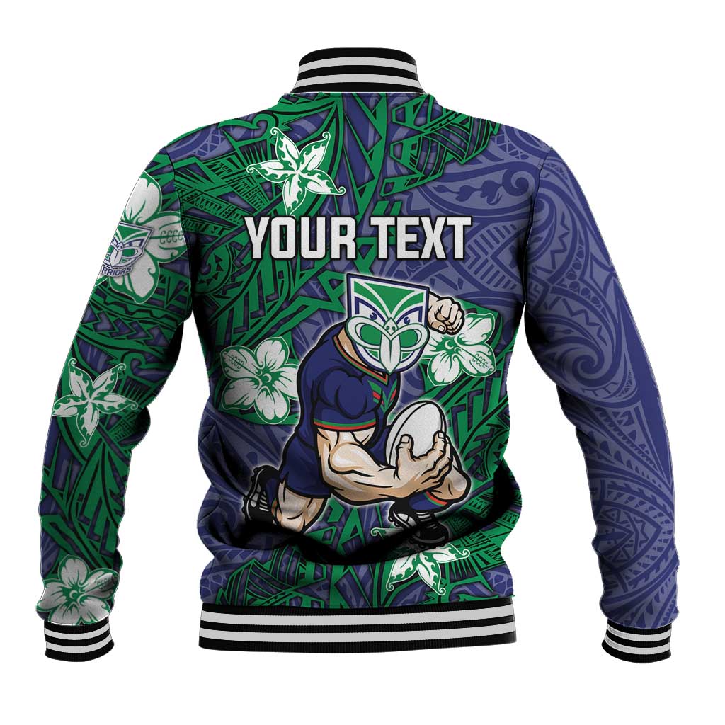 Personalised New Zealand Warriors Baseball Jacket Polynesian Tribal Pattern With Rugby Warrior Mascot Art