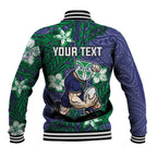 Personalised New Zealand Warriors Baseball Jacket Polynesian Tribal Pattern With Rugby Warrior Mascot Art