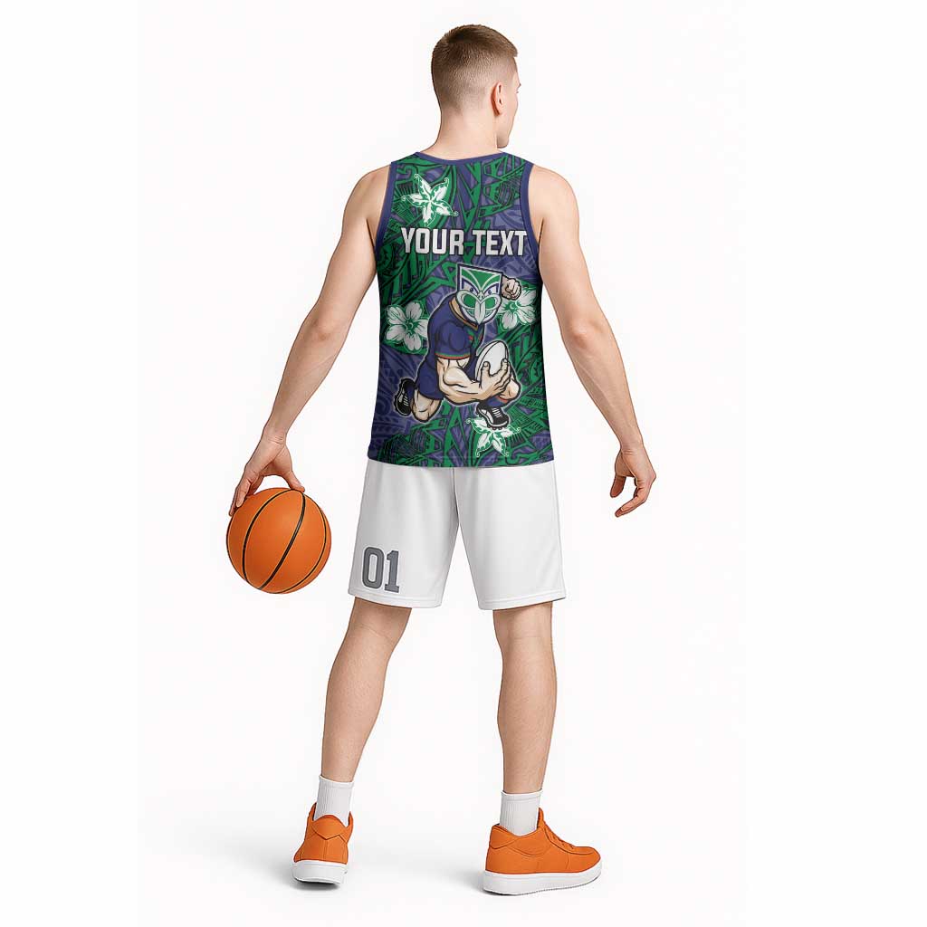 Personalised New Zealand Warriors Basketball Jersey Polynesian Tribal Pattern With Rugby Warrior Mascot Art