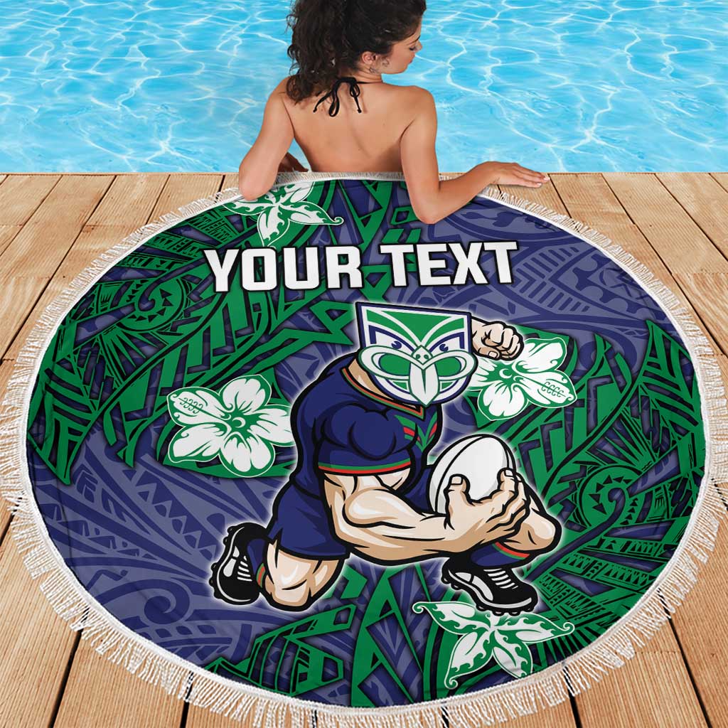 Personalised New Zealand Warriors Beach Blanket Polynesian Tribal Pattern With Rugby Warrior Mascot Art