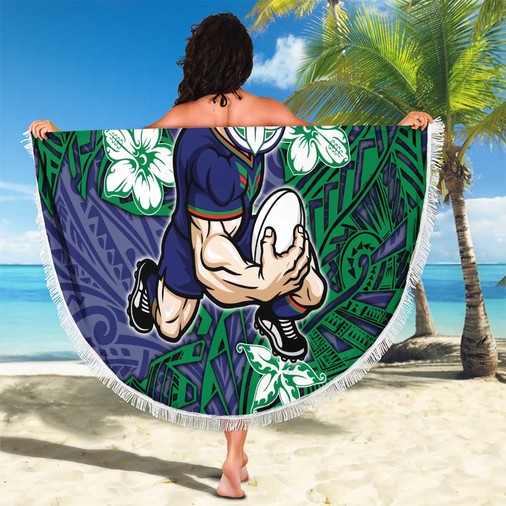 Personalised New Zealand Warriors Beach Blanket Polynesian Tribal Pattern With Rugby Warrior Mascot Art