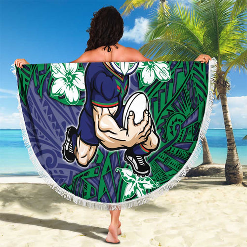 Personalised New Zealand Warriors Beach Blanket Polynesian Tribal Pattern With Rugby Warrior Mascot Art
