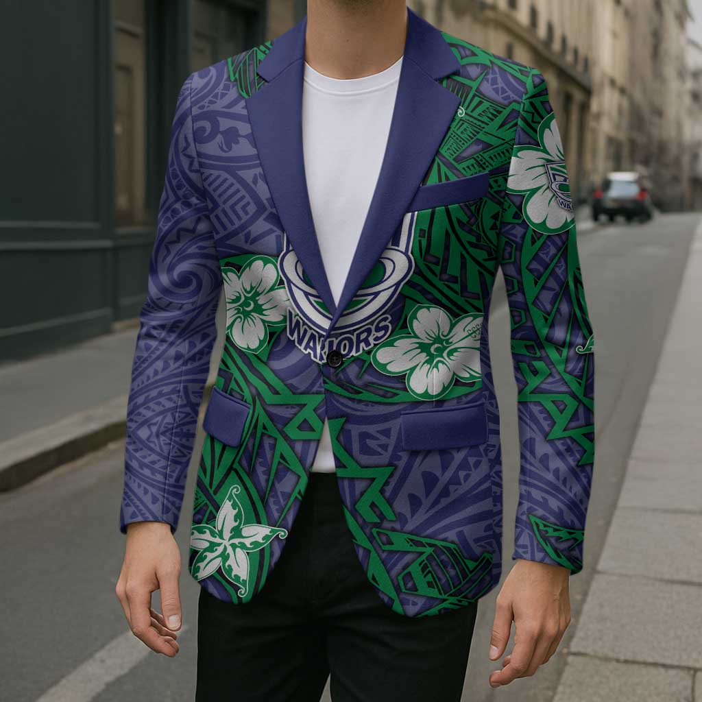 Personalised New Zealand Warriors Blazer Polynesian Tribal Pattern With Rugby Warrior Mascot Art