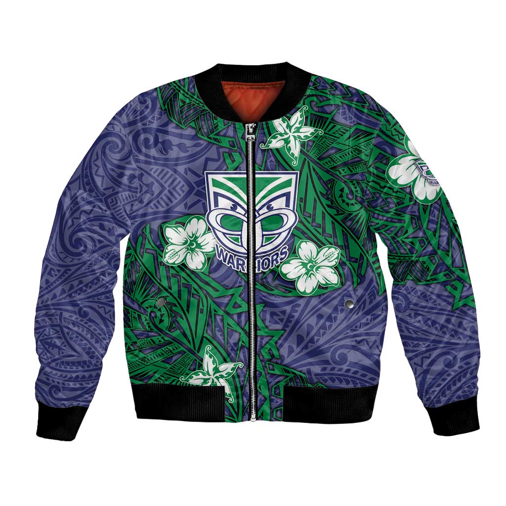 Personalised New Zealand Warriors Bomber Jacket Polynesian Tribal Pattern With Rugby Warrior Mascot Art
