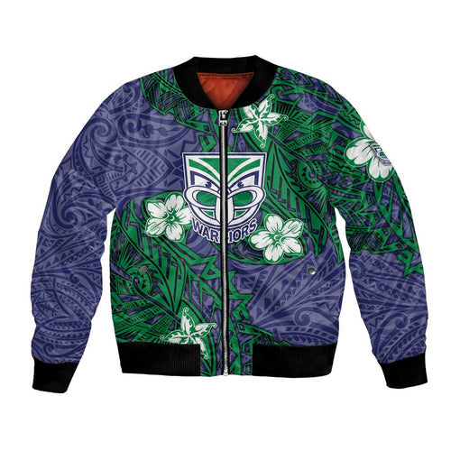 Personalised New Zealand Warriors Bomber Jacket Polynesian Tribal Pattern With Rugby Warrior Mascot Art