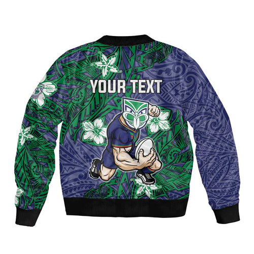 Personalised New Zealand Warriors Bomber Jacket Polynesian Tribal Pattern With Rugby Warrior Mascot Art