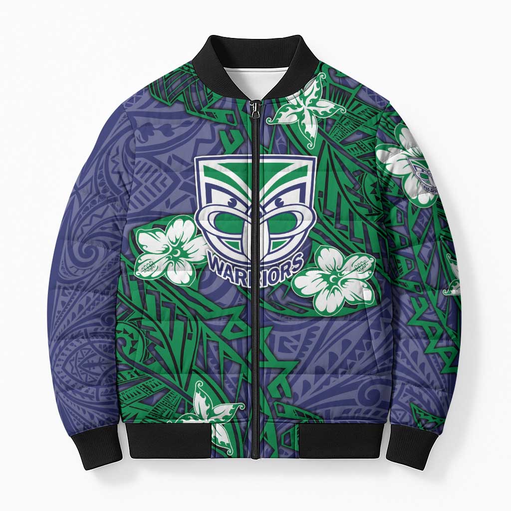 Personalised New Zealand Warriors Bomber Puffer Jacket Polynesian Tribal Pattern With Rugby Warrior Mascot Art