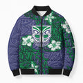 Personalised New Zealand Warriors Bomber Puffer Jacket Polynesian Tribal Pattern With Rugby Warrior Mascot Art