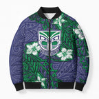 Personalised New Zealand Warriors Bomber Puffer Jacket Polynesian Tribal Pattern With Rugby Warrior Mascot Art