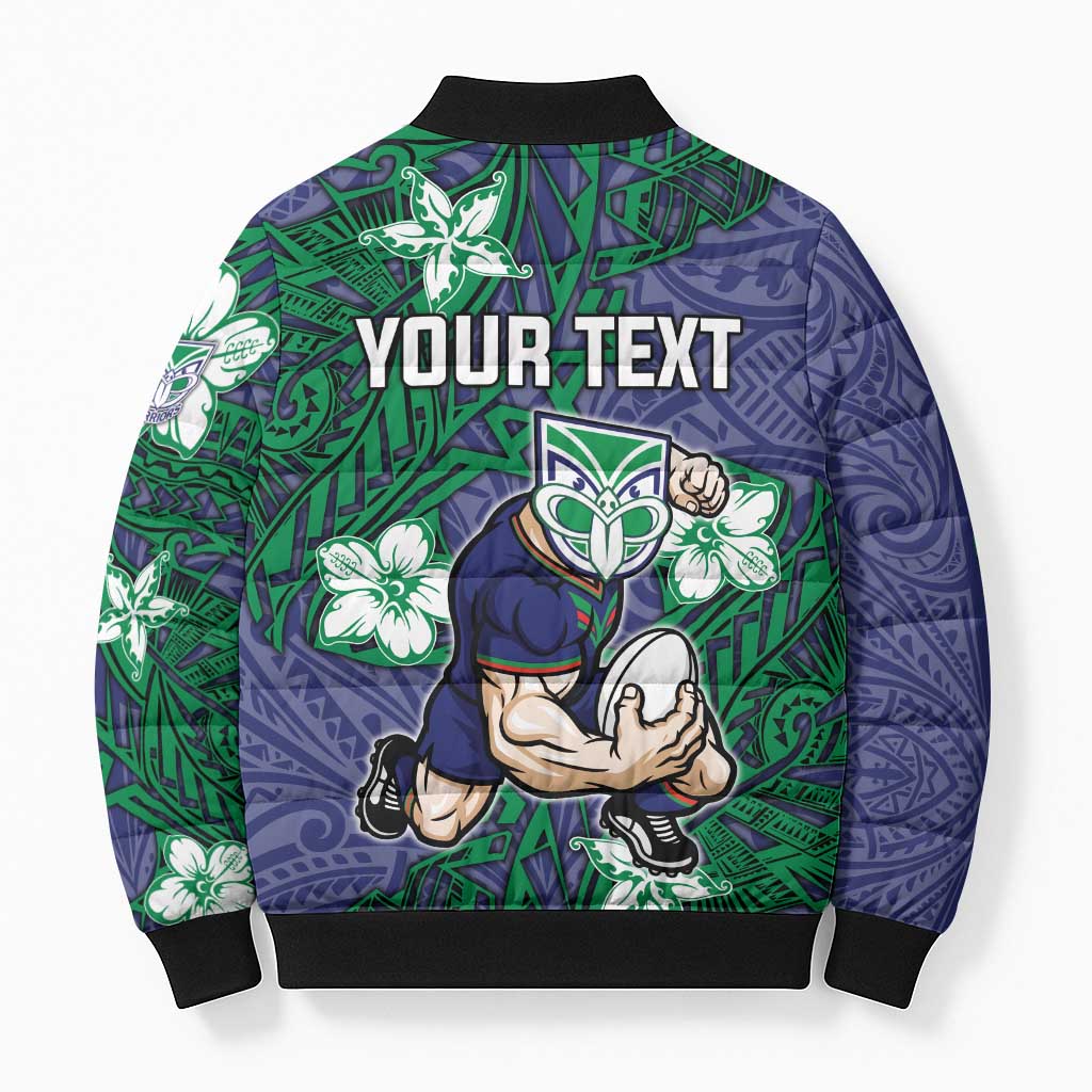 Personalised New Zealand Warriors Bomber Puffer Jacket Polynesian Tribal Pattern With Rugby Warrior Mascot Art