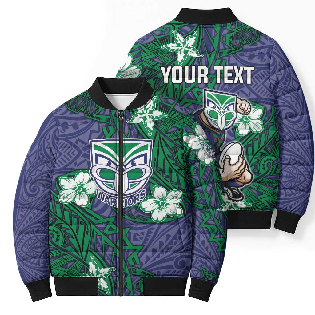 Personalised New Zealand Warriors Bomber Puffer Jacket Polynesian Tribal Pattern With Rugby Warrior Mascot Art