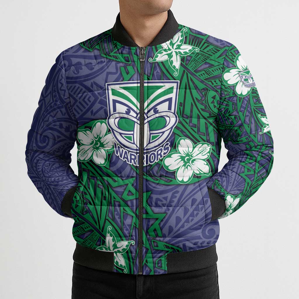Personalised New Zealand Warriors Bomber Puffer Jacket Polynesian Tribal Pattern With Rugby Warrior Mascot Art