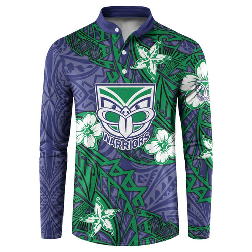 Personalised New Zealand Warriors Button Sweatshirt Polynesian Tribal Pattern With Rugby Warrior Mascot Art