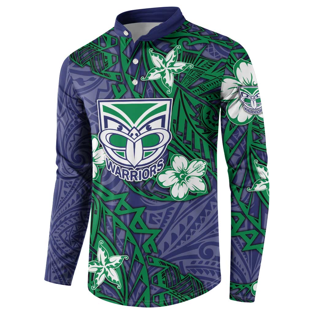 Personalised New Zealand Warriors Button Sweatshirt Polynesian Tribal Pattern With Rugby Warrior Mascot Art