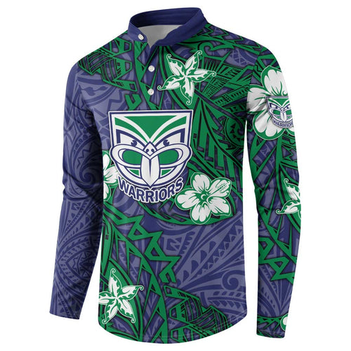 Personalised New Zealand Warriors Button Sweatshirt Polynesian Tribal Pattern With Rugby Warrior Mascot Art