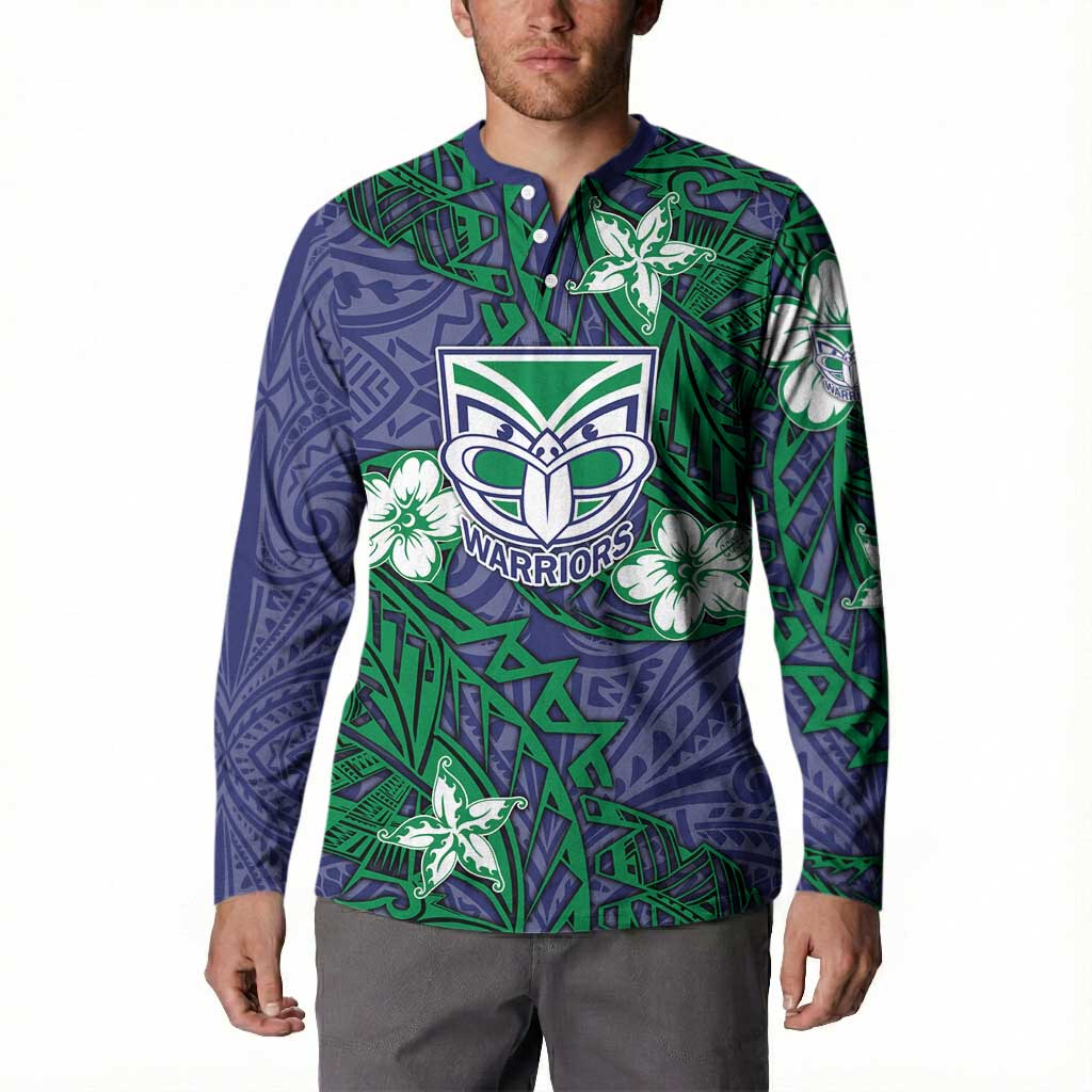 Personalised New Zealand Warriors Button Sweatshirt Polynesian Tribal Pattern With Rugby Warrior Mascot Art