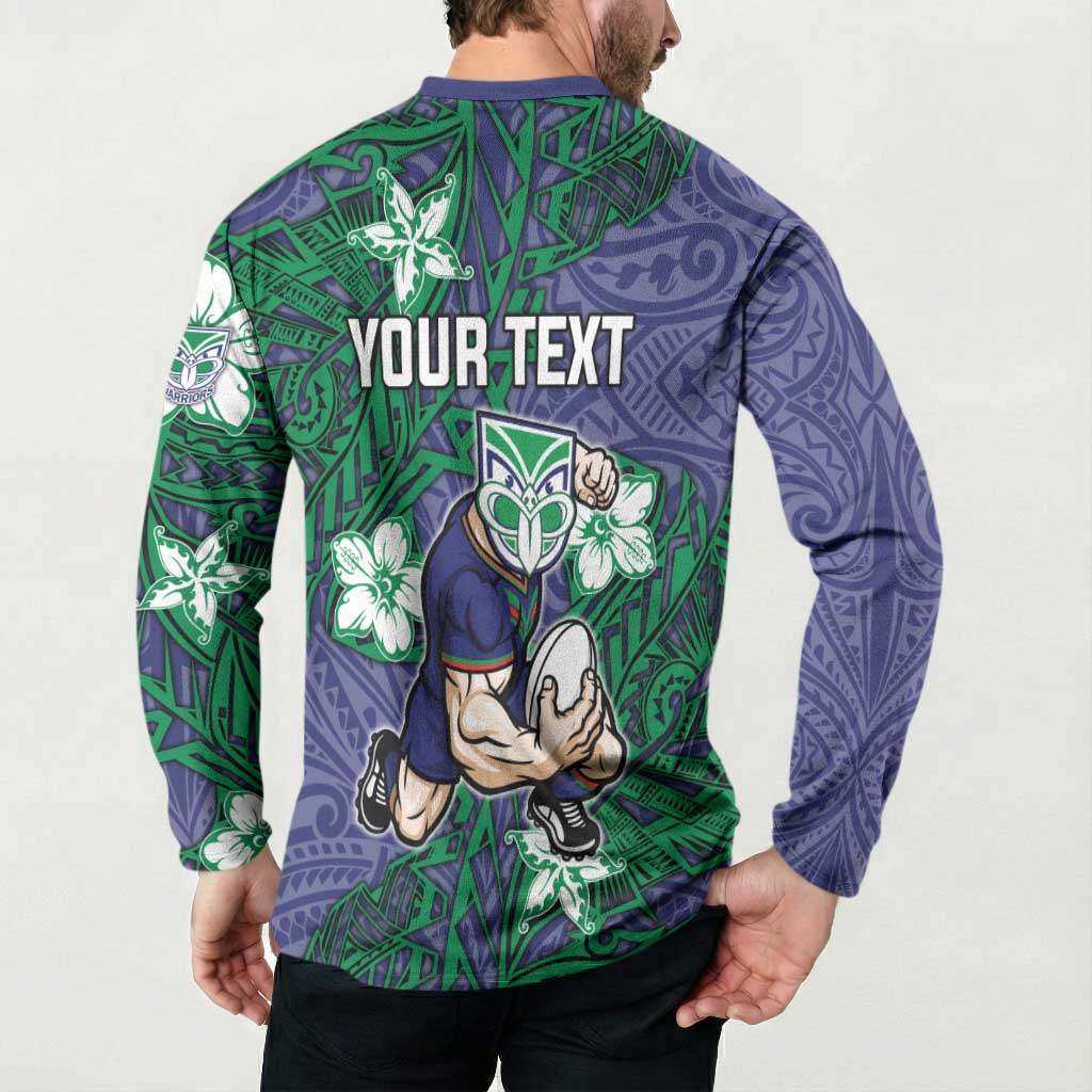 Personalised New Zealand Warriors Button Sweatshirt Polynesian Tribal Pattern With Rugby Warrior Mascot Art