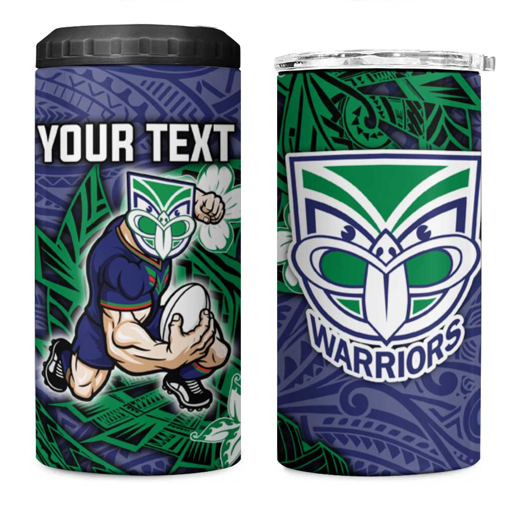 Personalised New Zealand Warriors 4 in 1 Can Cooler Tumbler Polynesian Tribal Pattern With Rugby Warrior Mascot Art