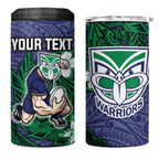 Personalised New Zealand Warriors 4 in 1 Can Cooler Tumbler Polynesian Tribal Pattern With Rugby Warrior Mascot Art
