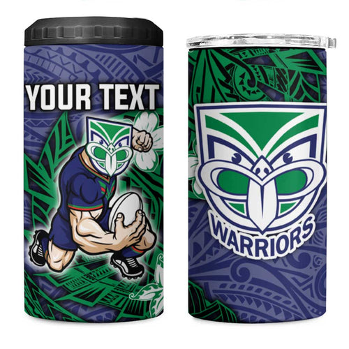 Personalised New Zealand Warriors 4 in 1 Can Cooler Tumbler Polynesian Tribal Pattern With Rugby Warrior Mascot Art