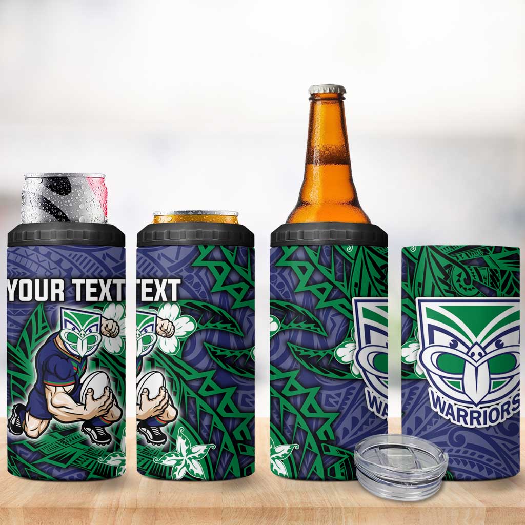 Personalised New Zealand Warriors 4 in 1 Can Cooler Tumbler Polynesian Tribal Pattern With Rugby Warrior Mascot Art