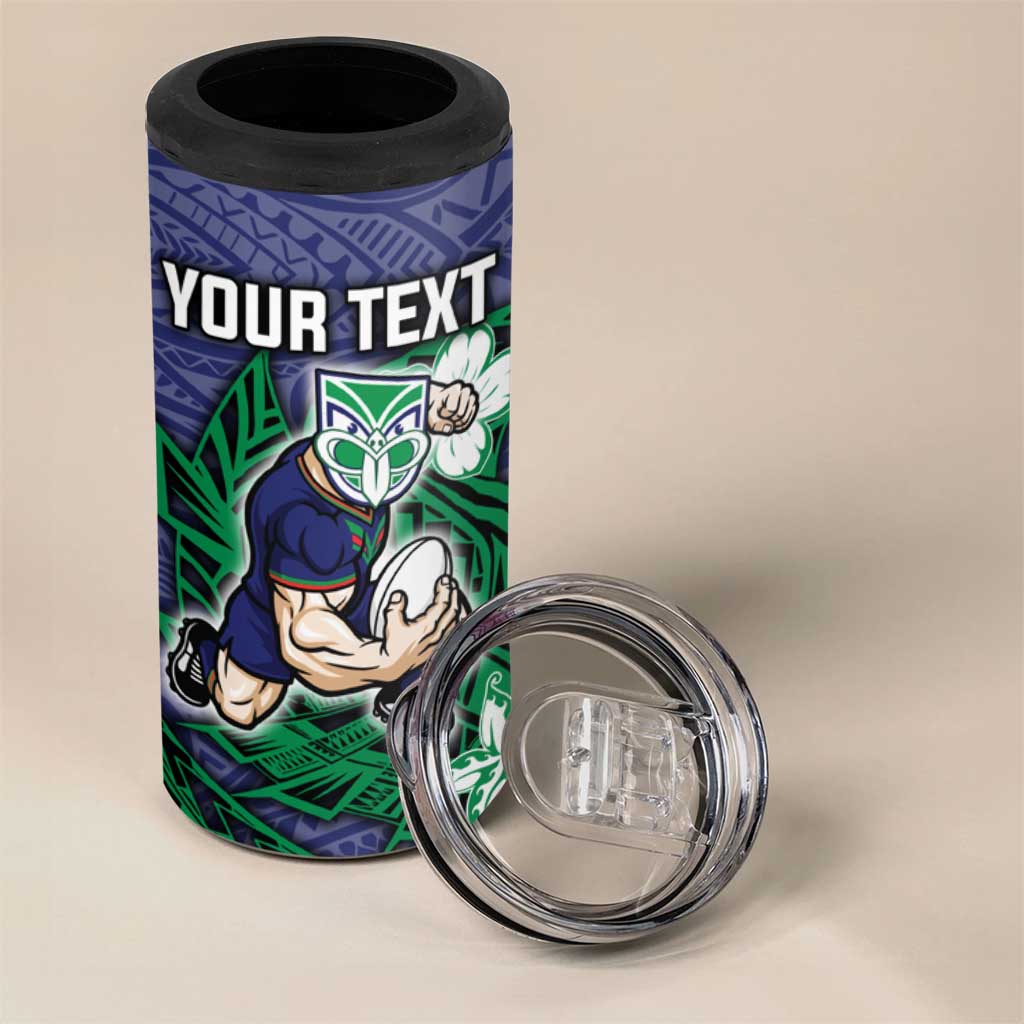 Personalised New Zealand Warriors 4 in 1 Can Cooler Tumbler Polynesian Tribal Pattern With Rugby Warrior Mascot Art
