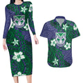 Personalised New Zealand Warriors Couples Matching Long Sleeve Bodycon Dress and Hawaiian Shirt Polynesian Tribal Pattern With Rugby Warrior Mascot Art