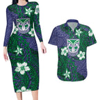 Personalised New Zealand Warriors Couples Matching Long Sleeve Bodycon Dress and Hawaiian Shirt Polynesian Tribal Pattern With Rugby Warrior Mascot Art