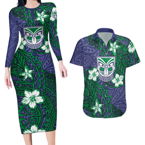 Personalised New Zealand Warriors Couples Matching Long Sleeve Bodycon Dress and Hawaiian Shirt Polynesian Tribal Pattern With Rugby Warrior Mascot Art