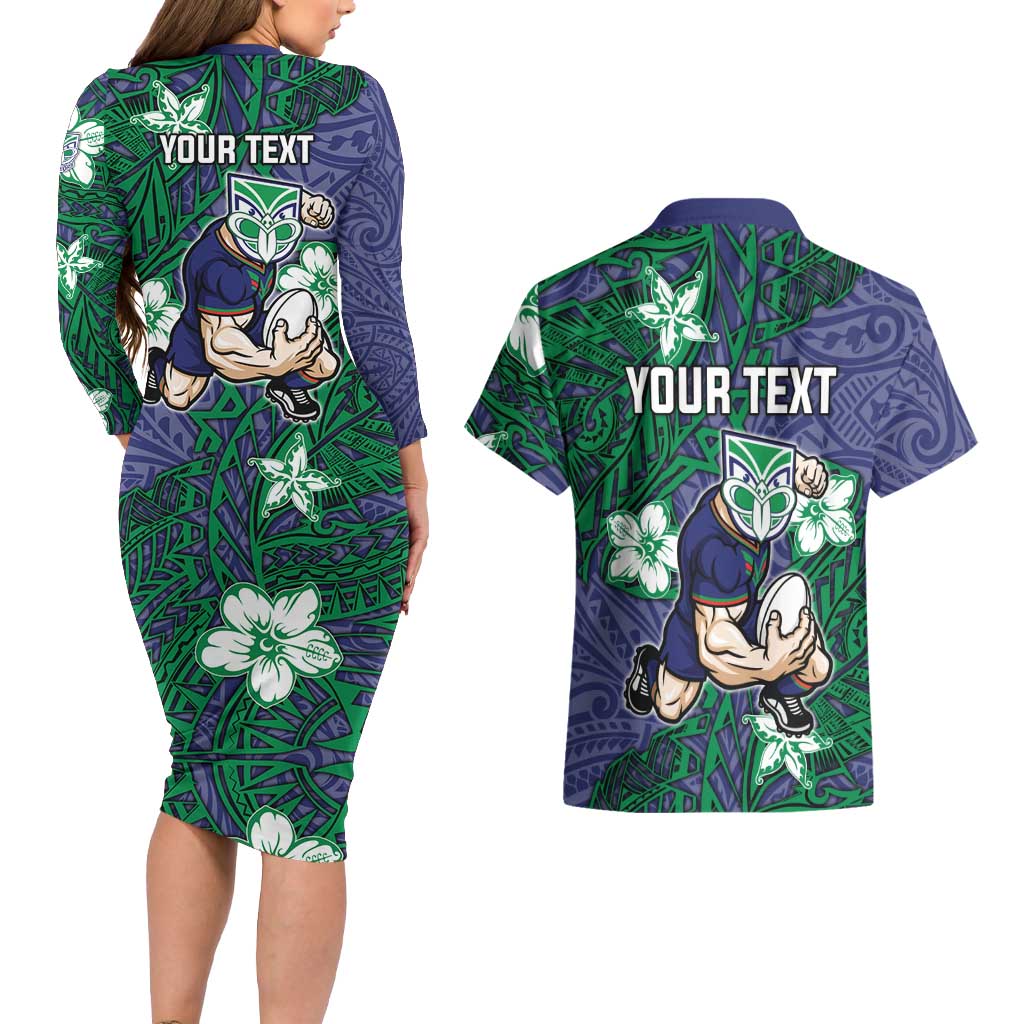 Personalised New Zealand Warriors Couples Matching Long Sleeve Bodycon Dress and Hawaiian Shirt Polynesian Tribal Pattern With Rugby Warrior Mascot Art