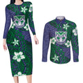 Personalised New Zealand Warriors Couples Matching Long Sleeve Bodycon Dress and Long Sleeve Button Shirt Polynesian Tribal Pattern With Rugby Warrior Mascot Art