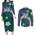 Personalised New Zealand Warriors Couples Matching Long Sleeve Bodycon Dress and Long Sleeve Button Shirt Polynesian Tribal Pattern With Rugby Warrior Mascot Art