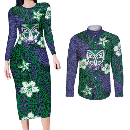 Personalised New Zealand Warriors Couples Matching Long Sleeve Bodycon Dress and Long Sleeve Button Shirt Polynesian Tribal Pattern With Rugby Warrior Mascot Art