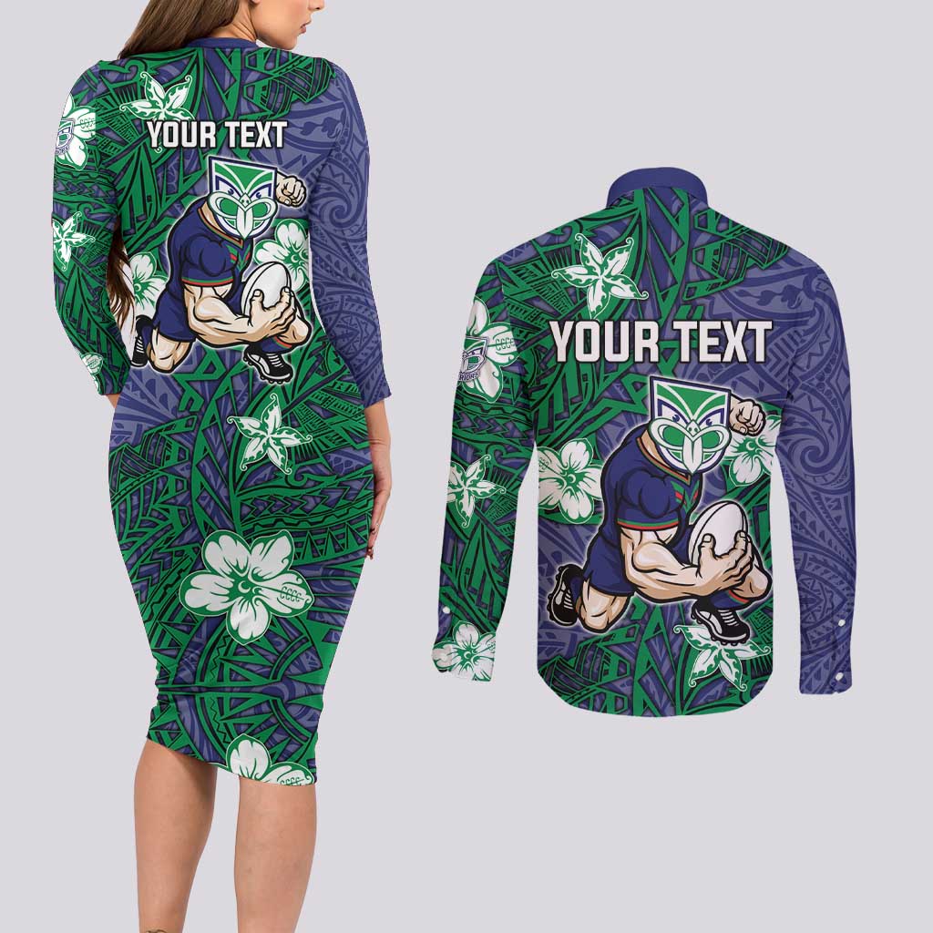 Personalised New Zealand Warriors Couples Matching Long Sleeve Bodycon Dress and Long Sleeve Button Shirt Polynesian Tribal Pattern With Rugby Warrior Mascot Art