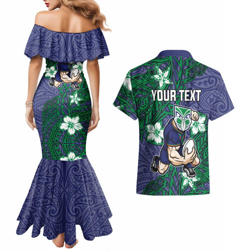 Personalised New Zealand Warriors Couples Matching Mermaid Dress and Hawaiian Shirt Polynesian Tribal Pattern With Rugby Warrior Mascot Art