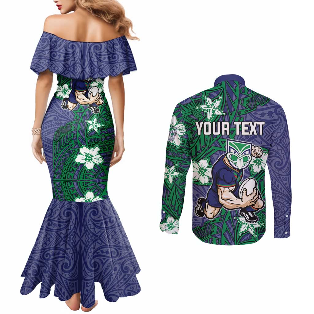 Personalised New Zealand Warriors Couples Matching Mermaid Dress and Long Sleeve Button Shirt Polynesian Tribal Pattern With Rugby Warrior Mascot Art