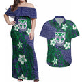 Personalised New Zealand Warriors Couples Matching Off Shoulder Maxi Dress and Hawaiian Shirt Polynesian Tribal Pattern With Rugby Warrior Mascot Art