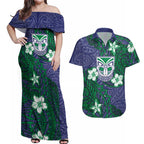 Personalised New Zealand Warriors Couples Matching Off Shoulder Maxi Dress and Hawaiian Shirt Polynesian Tribal Pattern With Rugby Warrior Mascot Art