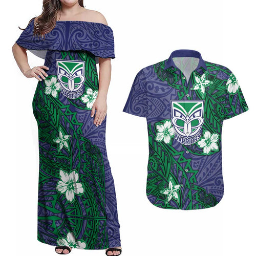 Personalised New Zealand Warriors Couples Matching Off Shoulder Maxi Dress and Hawaiian Shirt Polynesian Tribal Pattern With Rugby Warrior Mascot Art