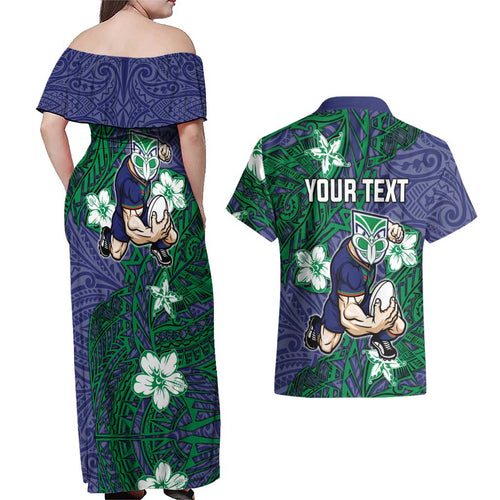 Personalised New Zealand Warriors Couples Matching Off Shoulder Maxi Dress and Hawaiian Shirt Polynesian Tribal Pattern With Rugby Warrior Mascot Art