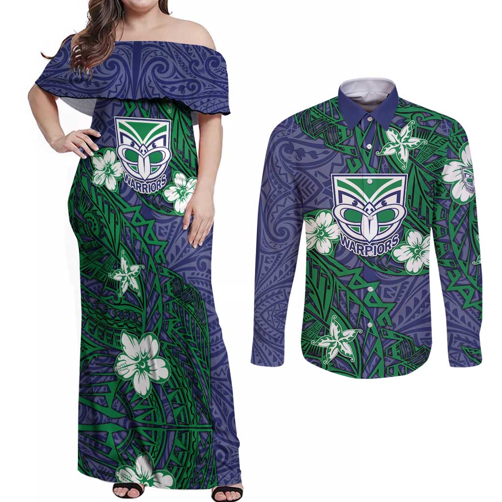 Personalised New Zealand Warriors Couples Matching Off Shoulder Maxi Dress and Long Sleeve Button Shirt Polynesian Tribal Pattern With Rugby Warrior Mascot Art