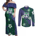 Personalised New Zealand Warriors Couples Matching Off Shoulder Maxi Dress and Long Sleeve Button Shirt Polynesian Tribal Pattern With Rugby Warrior Mascot Art