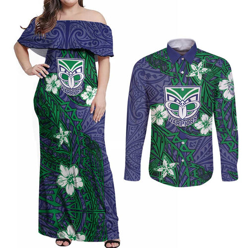 Personalised New Zealand Warriors Couples Matching Off Shoulder Maxi Dress and Long Sleeve Button Shirt Polynesian Tribal Pattern With Rugby Warrior Mascot Art