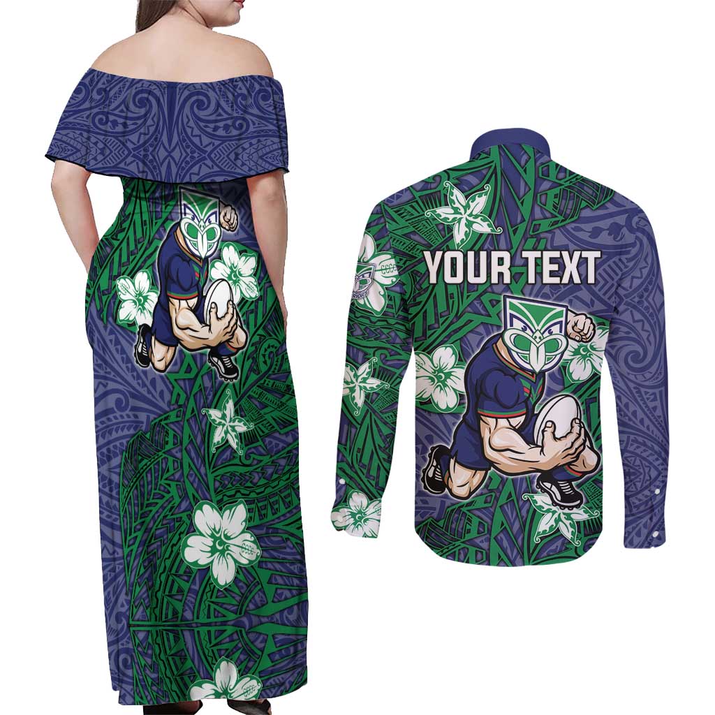 Personalised New Zealand Warriors Couples Matching Off Shoulder Maxi Dress and Long Sleeve Button Shirt Polynesian Tribal Pattern With Rugby Warrior Mascot Art
