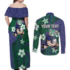 Personalised New Zealand Warriors Couples Matching Off Shoulder Maxi Dress and Long Sleeve Button Shirt Polynesian Tribal Pattern With Rugby Warrior Mascot Art