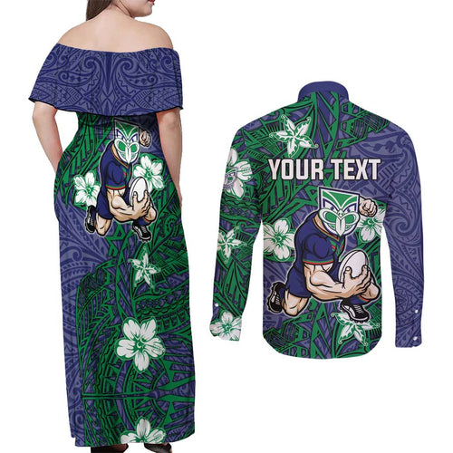 Personalised New Zealand Warriors Couples Matching Off Shoulder Maxi Dress and Long Sleeve Button Shirt Polynesian Tribal Pattern With Rugby Warrior Mascot Art