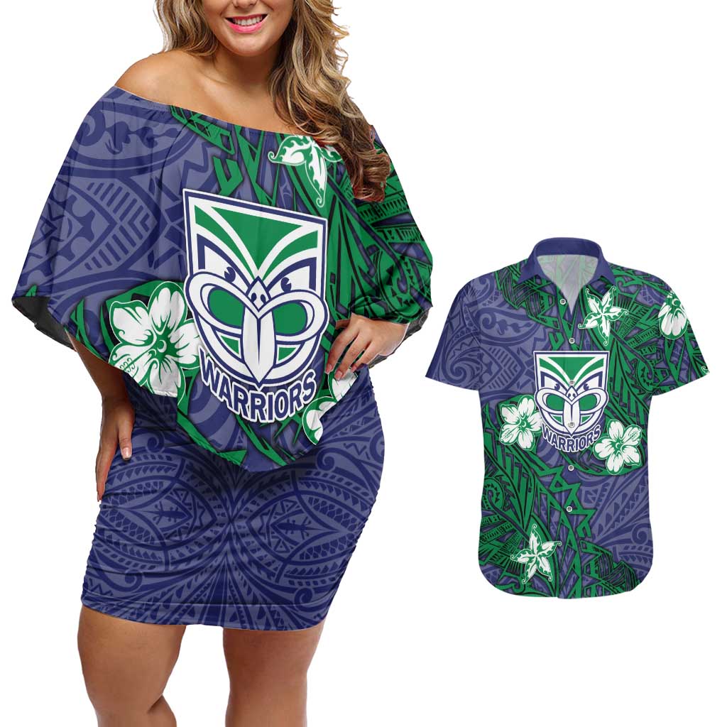 Personalised New Zealand Warriors Couples Matching Off Shoulder Short Dress and Hawaiian Shirt Polynesian Tribal Pattern With Rugby Warrior Mascot Art