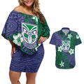 Personalised New Zealand Warriors Couples Matching Off Shoulder Short Dress and Hawaiian Shirt Polynesian Tribal Pattern With Rugby Warrior Mascot Art