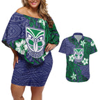 Personalised New Zealand Warriors Couples Matching Off Shoulder Short Dress and Hawaiian Shirt Polynesian Tribal Pattern With Rugby Warrior Mascot Art
