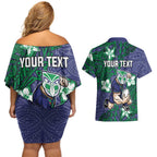 Personalised New Zealand Warriors Couples Matching Off Shoulder Short Dress and Hawaiian Shirt Polynesian Tribal Pattern With Rugby Warrior Mascot Art